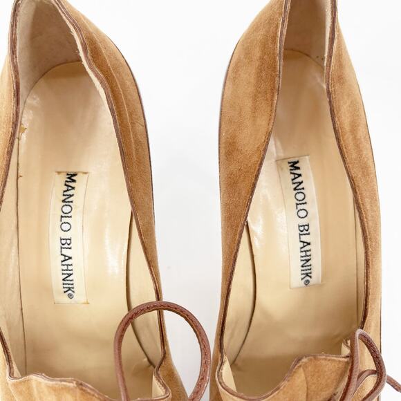 Vintage Manolo Blahnik Two-Tone Camel Brown Oxford Lace-Up Pump Heels IT 38 - Picture 10 of 13